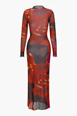 MICAS Long Sleeve Dresses|Maxi Dresses-Mesh Long Sleeve Scallop Edge Maxi Dress RED