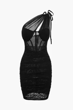 MICAS Mini Dresses-Mesh One Shoulder Corset Sleeveless Mini Dress BLACK