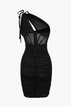 MICAS Mini Dresses-Mesh One Shoulder Corset Sleeveless Mini Dress BLACK