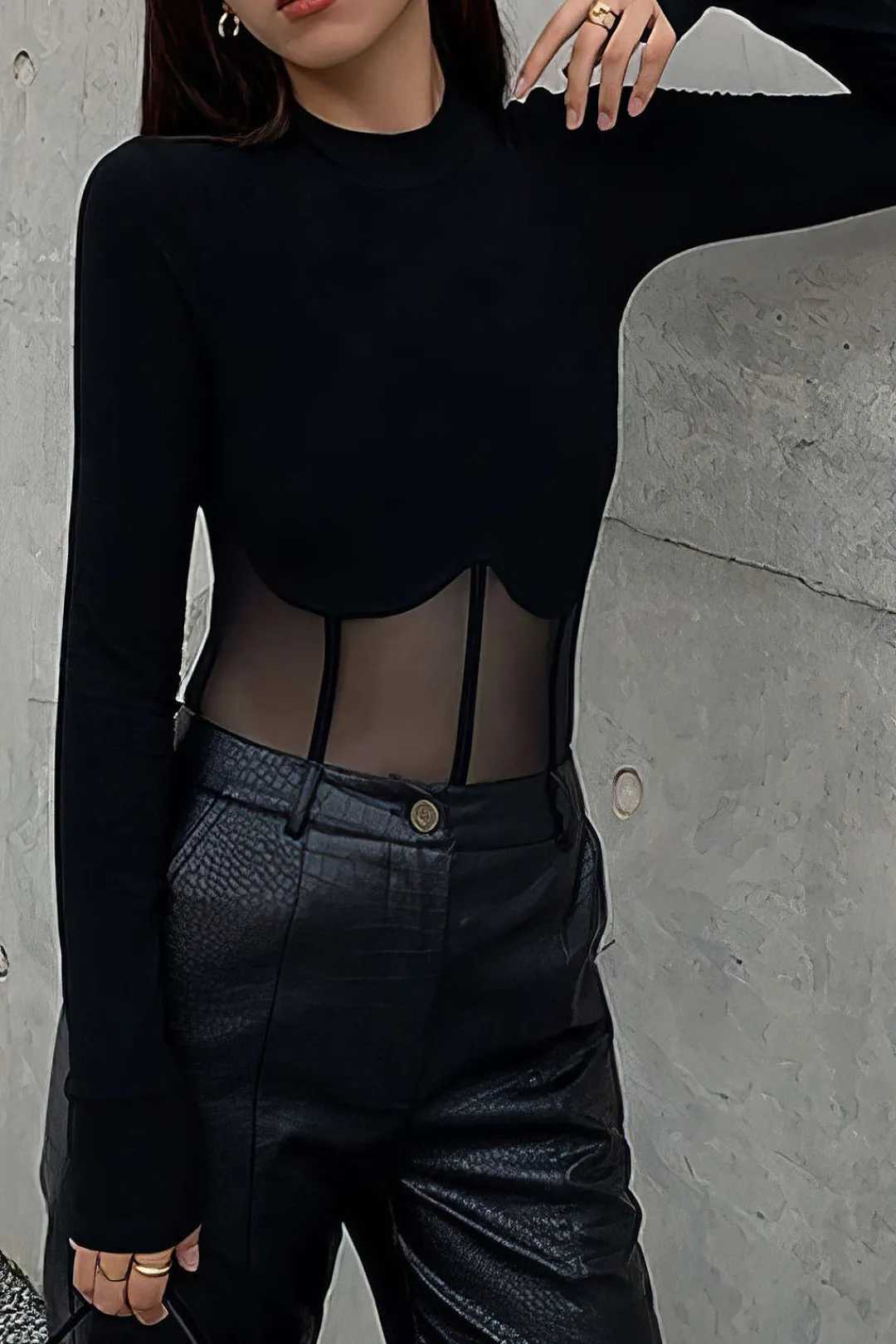 MICAS Long Sleeve Tops|Long Sleeves Tops-Mesh Patchwork Corset Round Neck Long-Sleeve Top BLACK