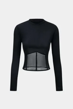 MICAS Long Sleeve Tops|Long Sleeves Tops-Mesh Patchwork Corset Round Neck Long-Sleeve Top BLACK
