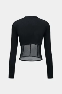 MICAS Long Sleeve Tops|Long Sleeves Tops-Mesh Patchwork Corset Round Neck Long-Sleeve Top BLACK