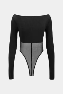 MICAS Bodysuits-Mesh Patchwork Long Sleeve Bodysuit BLACK