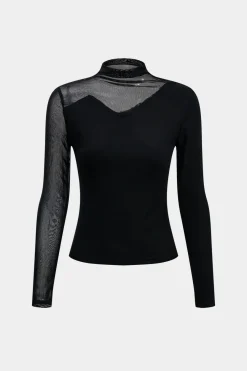 MICAS Long Sleeve Tops|Long Sleeves Tops-Mesh Patchwork Long-Sleeve Top BLACK