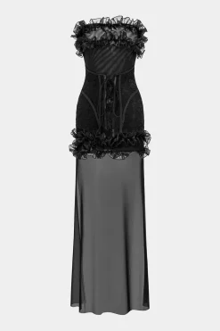 MICAS Mini Dresses-Mesh Patchwork Off Shoulder Strapless Sleeveless Mini Dress BLACK