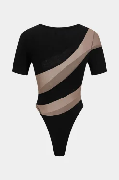 MICAS Bodysuits-Mesh Patchwork Round Neck Short Sleeve Bodysuit BLACK