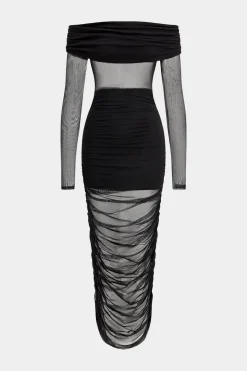 MICAS Long Sleeve Dresses|Maxi Dresses-Mesh Patchwork Ruched Off Shoulder Long Sleeve Maxi Dress BLACK