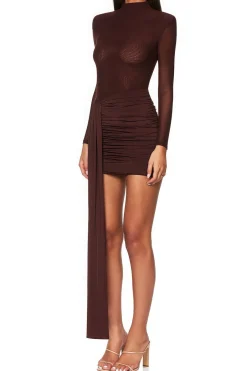 MICAS Long Sleeve Dresses|Mini Dresses-Mesh Ruched Long Sleeve Mini Dress COFFEE