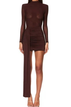 MICAS Long Sleeve Dresses|Mini Dresses-Mesh Ruched Long Sleeve Mini Dress COFFEE