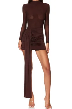 MICAS Long Sleeve Dresses|Mini Dresses-Mesh Ruched Long Sleeve Mini Dress COFFEE