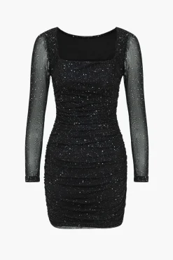 MICAS Mini Dresses|Long Sleeve Dresses-Mesh Ruched Long Sleeve Square Neck Mini Dress BLACK