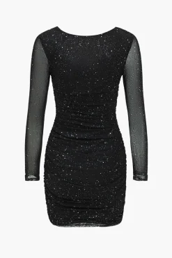 MICAS Mini Dresses|Long Sleeve Dresses-Mesh Ruched Long Sleeve Square Neck Mini Dress BLACK