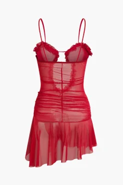 MICAS Mini Dresses-Mesh Ruched Ruffle Deep V-neck Slip Mini Dress