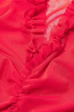 MICAS Mini Dresses-Mesh Ruched Ruffle Deep V-neck Slip Mini Dress