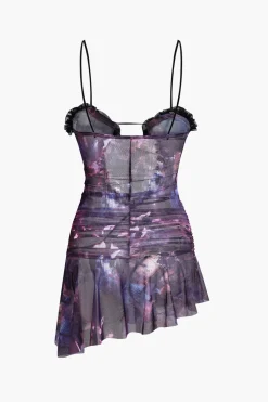 MICAS Mini Dresses-Mesh Ruched Ruffle Deep V-neck Slip Mini Dress