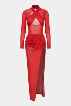 MICAS Long Sleeve Dresses|Midi Dresses-Mesh Sheer Crossed Long Sleeve Midi Dress RED