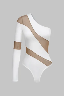 MICAS Bodysuits-Mesh Sheer Patchwork One Shoulder Long Sleeve Bodysuit WHITE