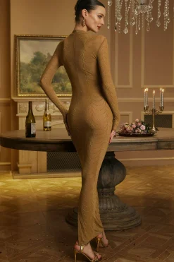 MICAS Long Sleeve Dresses|Maxi Dresses-Mesh Sheer Rhinestone Maxi Dress PURE GOLD