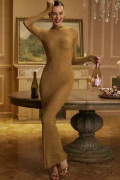 MICAS Long Sleeve Dresses|Maxi Dresses-Mesh Sheer Rhinestone Maxi Dress PURE GOLD