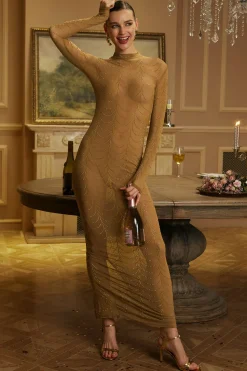 MICAS Long Sleeve Dresses|Maxi Dresses-Mesh Sheer Rhinestone Maxi Dress PURE GOLD