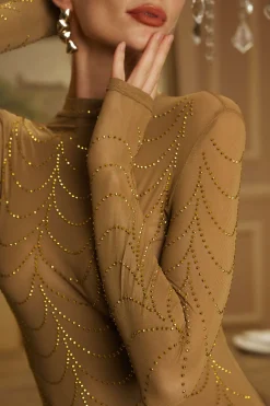 MICAS Long Sleeve Dresses|Maxi Dresses-Mesh Sheer Rhinestone Maxi Dress PURE GOLD