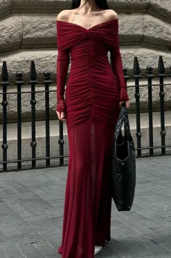 MICAS Long Sleeve Dresses|Maxi Dresses-Mesh Sheer Ruched Off Shoulder Long Sleeve Maxi Dress BURGUNDY