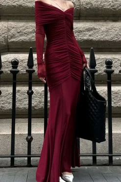 MICAS Long Sleeve Dresses|Maxi Dresses-Mesh Sheer Ruched Off Shoulder Long Sleeve Maxi Dress BURGUNDY