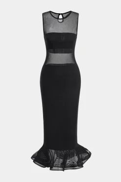 MICAS Midi Dresses-Mesh Sheer Sleeveless Midi Dress BLACK