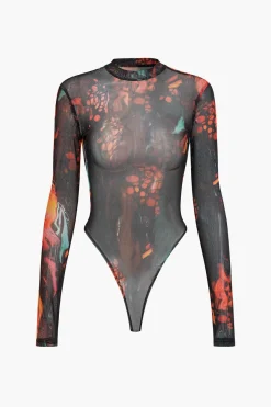 MICAS Bodysuits-Mesh Tie Dye Print Long Sleeve Bodysuit ORANGE
