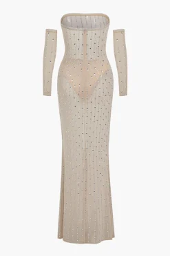 MICAS Maxi Dresses-Mesh Zipper Rhinestone Maxi Dress With Gloves BEIGE