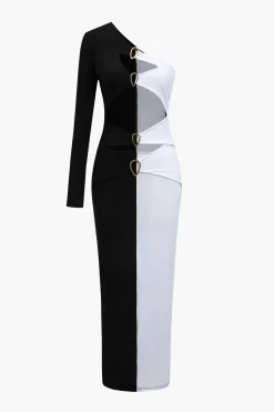 MICAS Long Sleeve Dresses|Midi Dresses-Metal Buckle One Shoulder Patchwork Long Sleeve Midi Dress Contrast Color