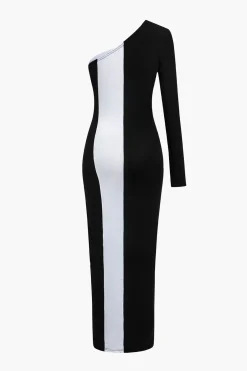 MICAS Long Sleeve Dresses|Midi Dresses-Metal Buckle One Shoulder Patchwork Long Sleeve Midi Dress Contrast Color