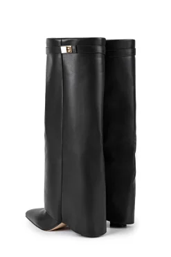 MICAS Shoes|Boots-Metal Buckle Pointed Knee High Boots BLACK