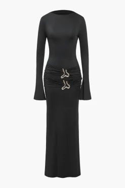 MICAS Long Sleeve Dresses|Maxi Dresses-Metal Detail Ruched Long Sleeve Midi Dress BLACK