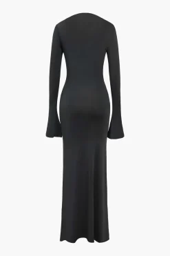 MICAS Long Sleeve Dresses|Maxi Dresses-Metal Detail Ruched Long Sleeve Midi Dress BLACK