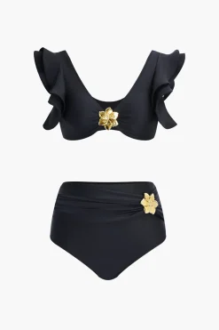 MICAS Swimwear-Metal Flower Decor Ruffle Bikini Set BLACK