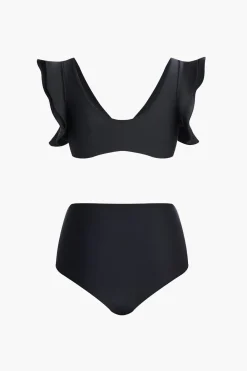 MICAS Swimwear-Metal Flower Decor Ruffle Bikini Set BLACK