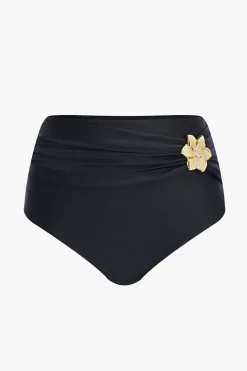 MICAS Swimwear-Metal Flower Decor Ruffle Bikini Set BLACK