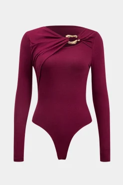 MICAS Bodysuits-Metallic Asymmetrical Ruched Long Sleeve Bodysuit BURGUNDY
