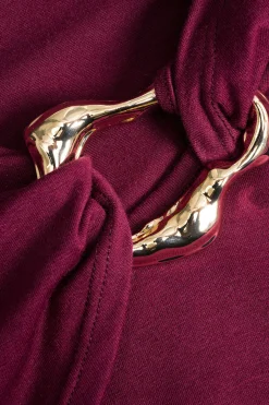 MICAS Bodysuits-Metallic Asymmetrical Ruched Long Sleeve Bodysuit BURGUNDY