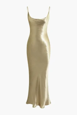 MICAS Maxi Dresses-Metallic Backless Slip Mermaid Cowl Neck Maxi Dress GOLD