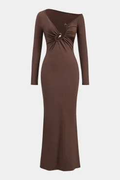 MICAS Long Sleeve Dresses|Maxi Dresses-Metallic Beaded Cut Out Asymmetry Neck Long Sleeve Maxi Dress COFFEE