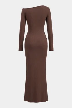 MICAS Long Sleeve Dresses|Maxi Dresses-Metallic Beaded Cut Out Asymmetry Neck Long Sleeve Maxi Dress COFFEE