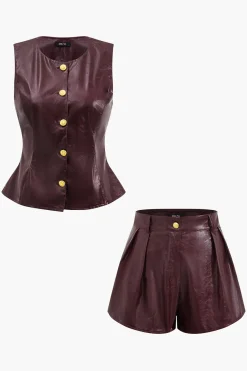 MICAS Short Sets-Metallic Button Faux Leather Shorts Set MAROON