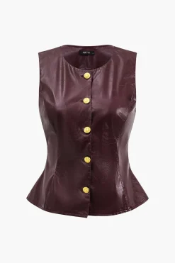 MICAS Short Sets-Metallic Button Faux Leather Shorts Set MAROON