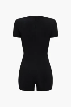 MICAS Jumpsuits & Rompers-Metallic Button V-Neck Short Sleeve Romper BLACK