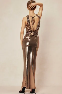 MICAS Maxi Dresses-Metallic Cowl Neck Tie Backless Sleeveless Maxi Dress