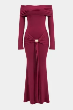 MICAS Long Sleeve Dresses|Maxi Dresses-Metallic Detail Off Shoulder Long Sleeve Maxi Dress BURGUNDY
