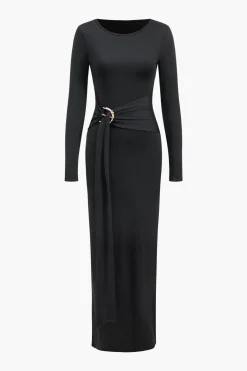 MICAS Long Sleeve Dresses|Maxi Dresses-Metallic Detail Tie-Up Long Sleeve Maxi Dress BLACK