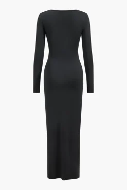 MICAS Long Sleeve Dresses|Maxi Dresses-Metallic Detail Tie-Up Long Sleeve Maxi Dress BLACK